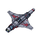A grey and silver angular space fighter with red accents and two glowing blue cockpit canopies hovers against a black background.