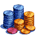 This pixel art showcases a vibrant cluster of stacked and scattered coins, highlighted by a striking blue, orange, and pink palette. The arrangement evokes a feeling of accumulated wealth and reward.