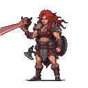 Pixel Art: barbarian female holding skull with laser eyes