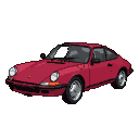 A magenta pixelated Porsche with spoked wheels on a black background.