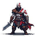 Kratos, a warrior with white and red facial markings, dark beard, and battle-worn armor, stands stoically holding a large, serrated sword with a tattered red cape billowing behind him.