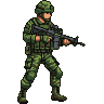 A commando in camouflage uniform and helmet, holding a rifle, stands in a ready stance against a dark background.