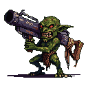 A menacing green goblin with glowing red eyes snarls and holds a large bazooka.