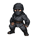 Masked ninja in a low, ready stance on a dark background.