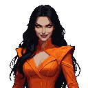 Pixel art portrait of an evil witch with glowing orange eyes, a sharp-toothed smile, and a vibrant orange outfit with angular shoulders, framed by dark hair against a black background.