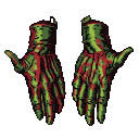 Pixelated green and red gloves with sharp fingers against a black background.