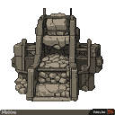 A massive, industrial stone-processing machine with a gaping maw filled with rough stone chunks on a descending ramp.