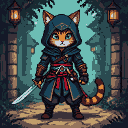 A pixelated cat assassin in a hooded tunic stands with a sword in a dimly lit alley, illuminated by a lantern.