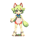 A youthful creature with light green hair, pointed red-tipped ears, and large expressive eyes, wearing a pink tunic and red shorts with a blue collar and green gem. It stands on a patch of green ground with one arm extended.