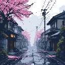 A misty, desolate Japanese street lined with old houses and cherry blossom trees.