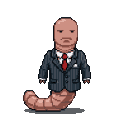 A pale pink, segmented worm wearing a dark grey pinstriped suit, white shirt, red tie, and white pocket square, standing upright with a curled tail and a stoic expression.