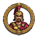 Pixel Art: 帮我 生成一个冒险者公会的圆形纹章，要求中间的人物只有头像，没有身体，中间的人物为古罗马竞技场角斗士浮雕，纹章整体均为金...