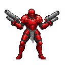 Knight in red pixelated armor holding laser launchers.