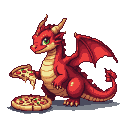 A plump red dragon with green eyes holds a slice of pepperoni pizza with a string of cheese. A whole pizza rests beside it.
