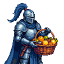 Pixel Art: knight holding basket of fruits (generated with AI by sandacz).