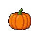 A bright orange pixelated pumpkin with a green stem.