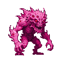 A hunched, skeletal, multi-eyed pink pixel creature with sharp teeth and clawed hands, its glowing red eyes piercing the darkness.