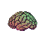 A pixelated brain in magenta and teal hues against a black background.