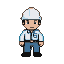 A pixelated engineer wearing a white hard hat, light blue shirt, dark blue vest, and blue trousers stands ready.