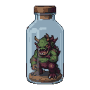 A grotesque, green-skinned monster with sharp horns and glowing orange eyes is trapped inside a glass bottle, baring its sharp teeth in a menacing snarl.