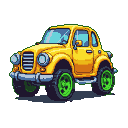 Miniature yellow car with green wheels.