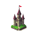 Isometric castle with purple-roofed spires and a red flag, standing on a rocky outcrop with green foliage, against a black background.
