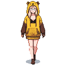 Young woman in oversized yellow hoodie with bear ears and honeycomb pattern, black lace bra visible, and yellow sneakers.
