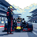 Lone race car driver in dark blue and red suit stands on a track facing a blurred Formula 1 car with yellow and red accents. Stylized grandstand and pixelated clouds in the background.