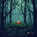 A large, orange dragon egg with a red and green pixelated circular pattern rests on a mossy mound in a dark, misty forest with silhouetted trees.