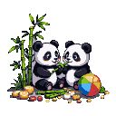 Two pixel art pandas eating bamboo stalks, surrounded by food and a colorful ball.