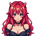 Anime character with fiery red hair, cat ears, and expressive blue eyes, wearing a dark off-the-shoulder top and choker.