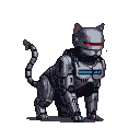 Robotic feline law enforcer with gray and silver segmented armor, glowing red optical sensors, and a blue chest plate, against a black background.