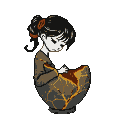 Young woman with dark hair tied with an orange ribbon mends a broken pot with golden repair lines.