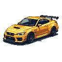 Yellow sports car with a prominent rear spoiler, hood scoop, and wide fender flares.