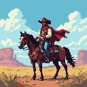 Lone cowboy in a wide-brimmed hat and red cape on a brown horse in a desert landscape with a dappled blue sky.