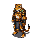 Regal humanoid jaguar warrior in golden armor with teal accents, wearing a dark kilt.
