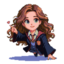 Young Hermione Granger in Hogwarts uniform, with a soft expression, holding a pink pixel heart.