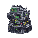 Monolithic computer machine with glowing green text on screens, illuminated yellow and red buttons, and visible wires.