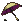 Tilted open umbrella with muted yellow and deep purple canopy, dark brown handle extending right, against a black background.