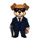 A dog in a navy suit and sunglasses holds a pistol.