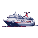 A majestic cruise ship with illuminated windows and a red funnel with a white stripe glides across a dark expanse.