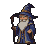 Wizened wizard with white beard and spectacles in a blue robe and pointed hat, holding a staff against a black background.