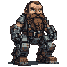 Stout, grizzled dwarf warrior in bulky, segmented gray and brown exoskeleton armor, with a thick braided beard and stern expression.