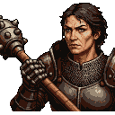 Stoic female knight with determination, gripping a spiked mace, wearing weathered plate armor and chainmail.