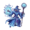 Ice mage in blue and purple robes conjuring a swirling vortex of frigid energy, holding a staff with a glowing orb.