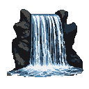 A powerful waterfall cascades down a dark, rocky cliff, with frothy spray at its base.