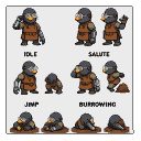 Taper, a dark grey mole with a yellow-orange star nose, wearing goggles and a leather apron over a tunic, shown in various 16-bit pixel art animations: idle breathing, saluting, jumping, and burrowing.