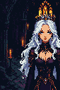 Solemn queen with platinum-to-copper hair and ice-blue eyes, wearing a spiky black crown and dark robes, stands in gothic cathedral ruins. Cosmic patterns adorn her face and neck, with pixelated orrery and chains on her chest, layered with necklaces. Crys