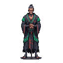 A solitary, imposing figure in a tattered dark robe with green and red trim, hands clasped on the hilt of a downward-pointing sword.