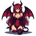 A succubus with fiery red hair, devilish horns, and bat-like wings kneels with an alluring gaze.